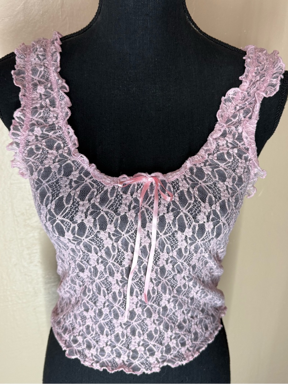 Forever 21 Coquette Pink Sheer Lace Ribbon Bow Camisole